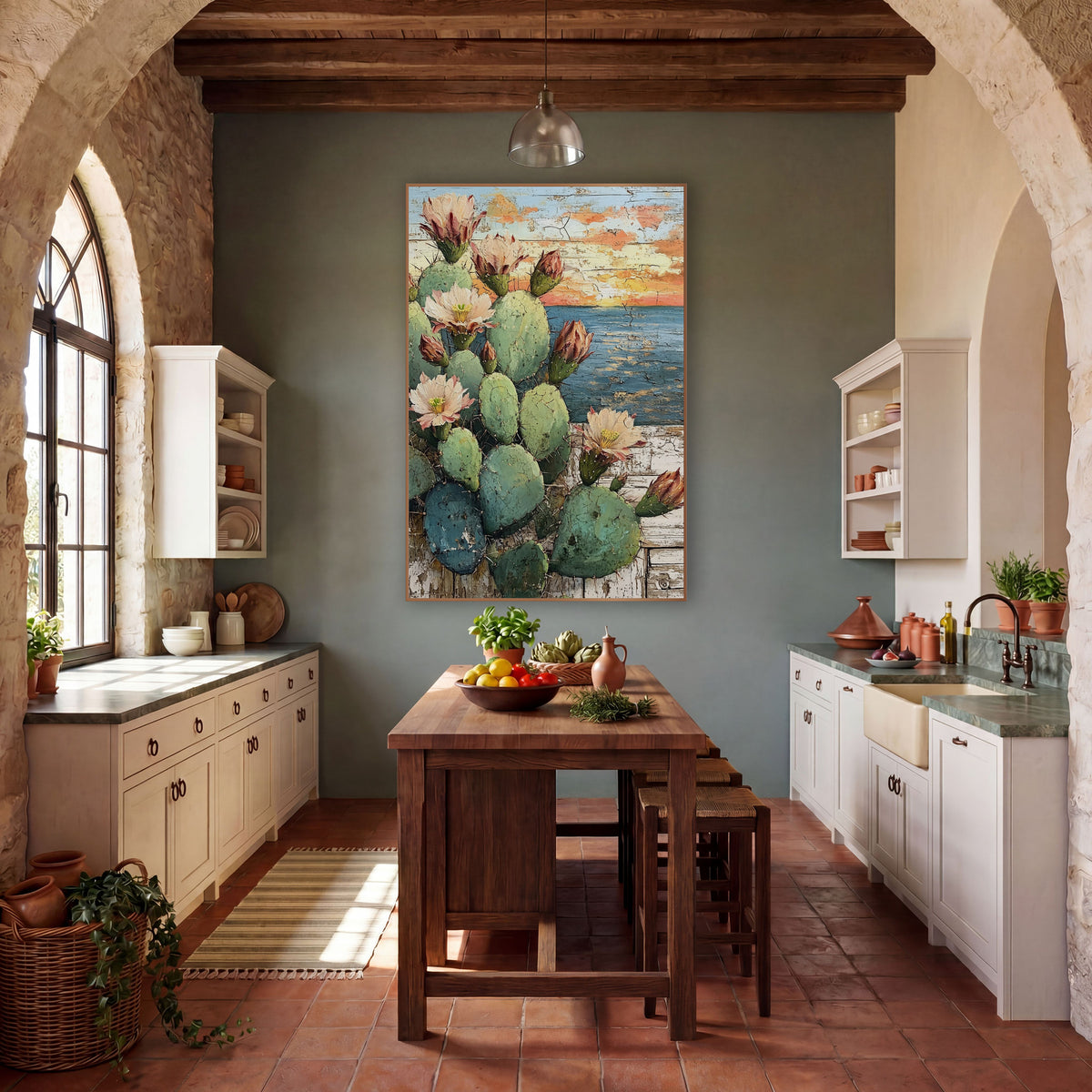 Ocean Sunset Cactus Coastal Western wall art in a rustic western-style room – prickly pear cactus with pink blossoms
