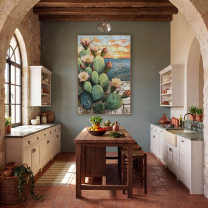 Ocean Sunset Cactus Coastal Western wall art in a rustic western-style room – prickly pear cactus with pink blossoms