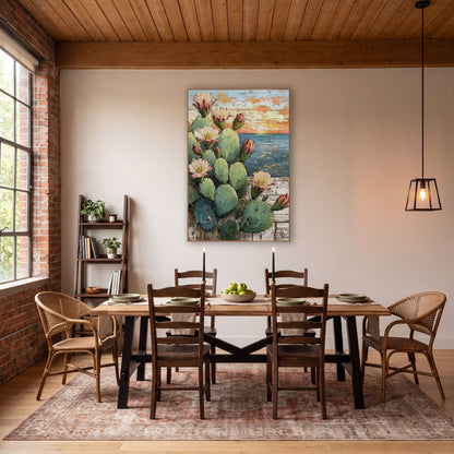 Ocean Sunset Cactus Coastal Western wall art in a rustic western-style room – prickly pear cactus with pink blossoms