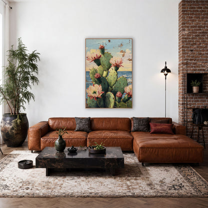 Sky Blue Cactus Seaside Garden wall art in a rustic western-style room – green prickly pear cactus with pink and cream