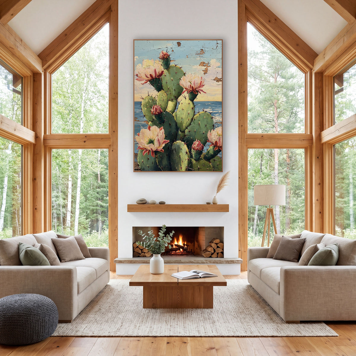Sky Blue Cactus Seaside Garden wall art in a rustic western-style room – green prickly pear cactus with pink and cream