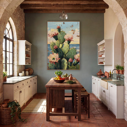 Sky Blue Cactus Seaside Garden wall art in a rustic western-style room – green prickly pear cactus with pink and cream