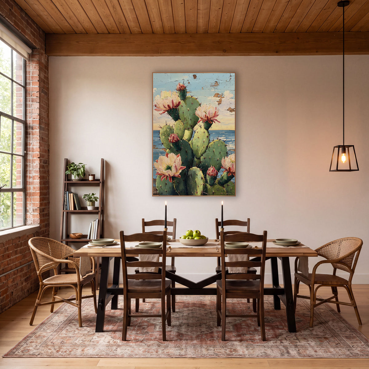 Sky Blue Cactus Seaside Garden wall art in a rustic western-style room – green prickly pear cactus with pink and cream