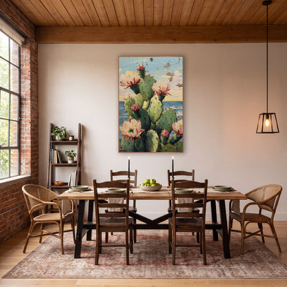 Sky Blue Cactus Seaside Garden wall art in a rustic western-style room – green prickly pear cactus with pink and cream