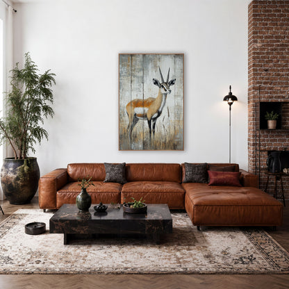 Standing Antelope Rustic Western wall art in a rustic western-style room – antelope with ringed horns standing in dry