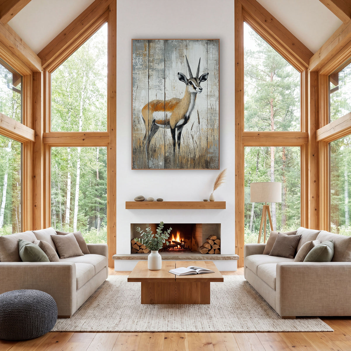 Standing Antelope Rustic Western wall art in a rustic western-style room – antelope with ringed horns standing in dry