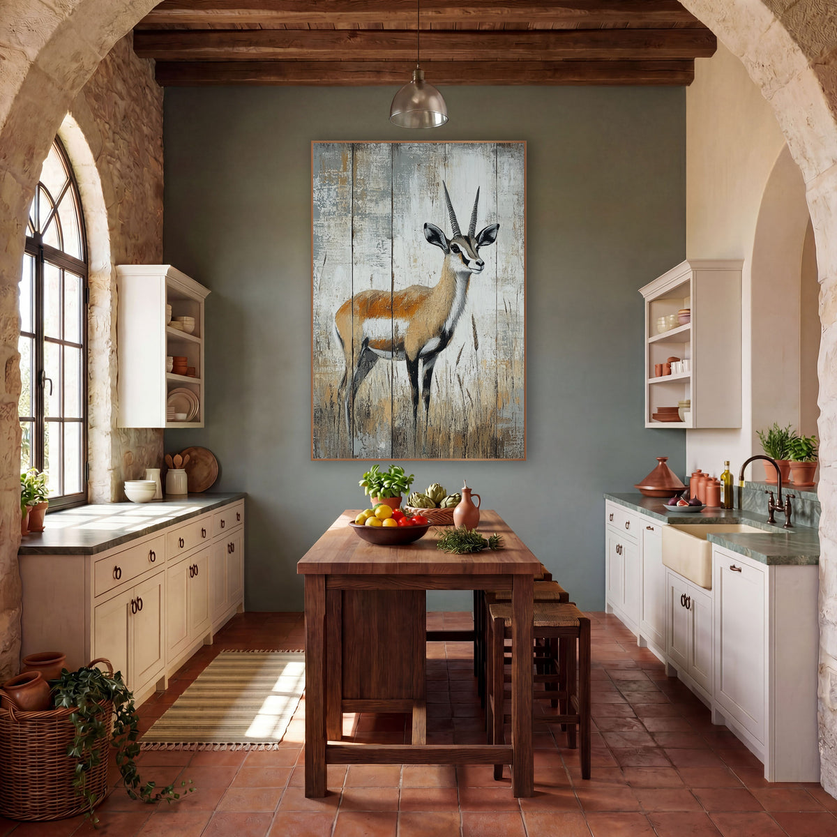 Standing Antelope Rustic Western wall art in a rustic western-style room – antelope with ringed horns standing in dry