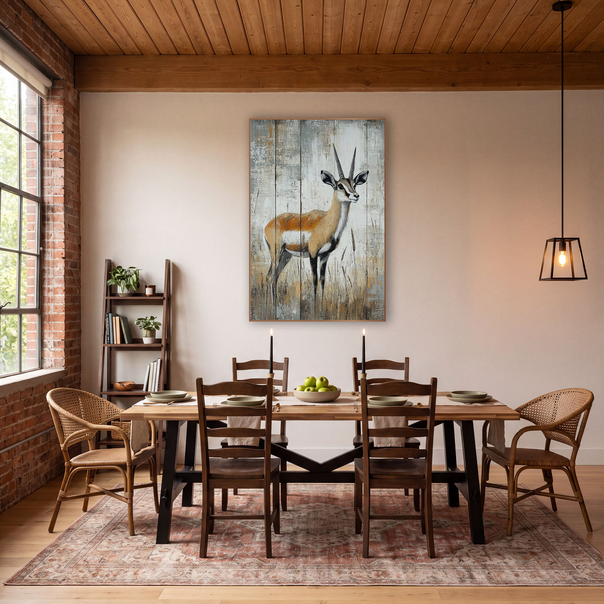 Standing Antelope Rustic Western wall art in a rustic western-style room – antelope with ringed horns standing in dry