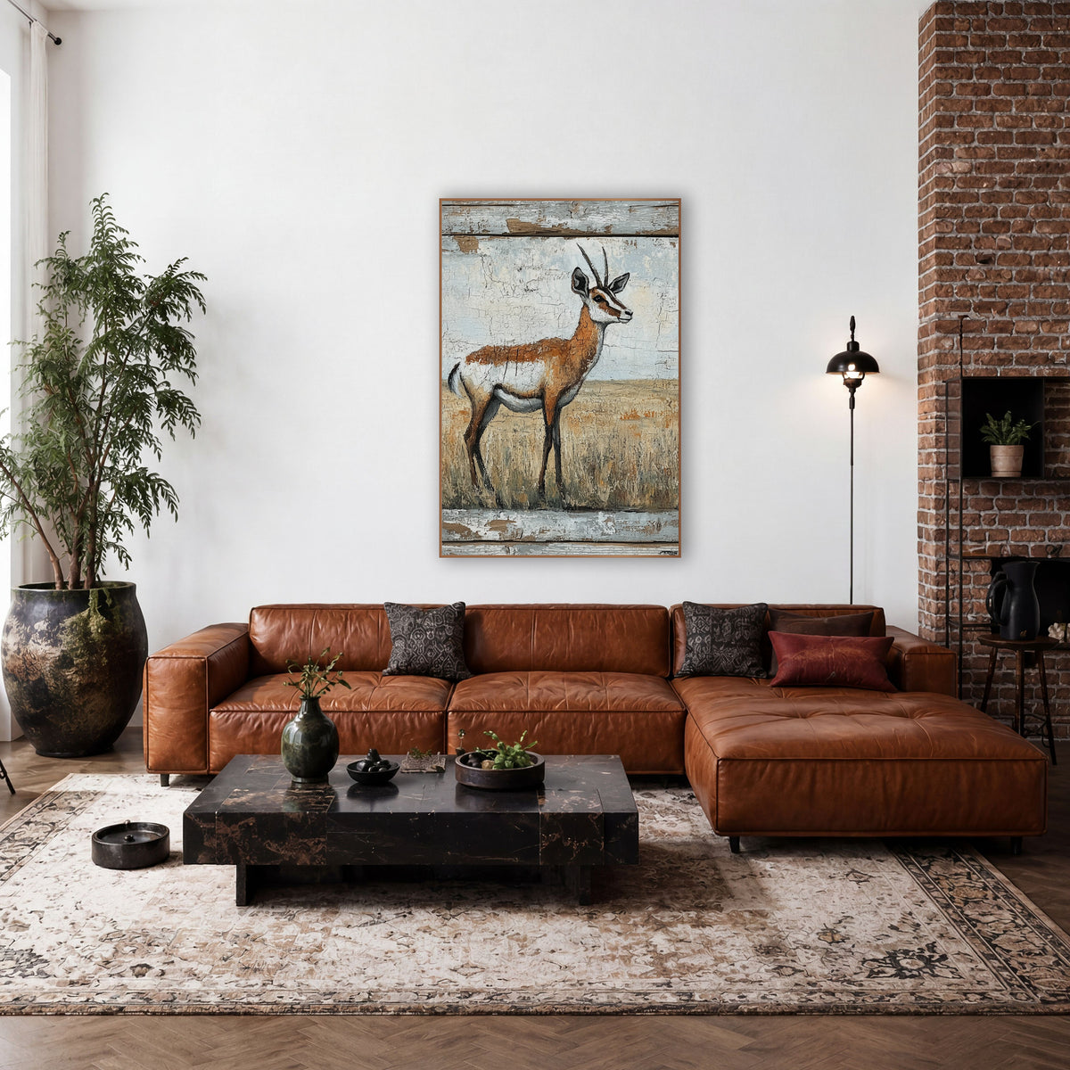 Right Facing Pronghorn Cracked Prairie wall art in a rustic western-style room – pronghorn antelope in profile