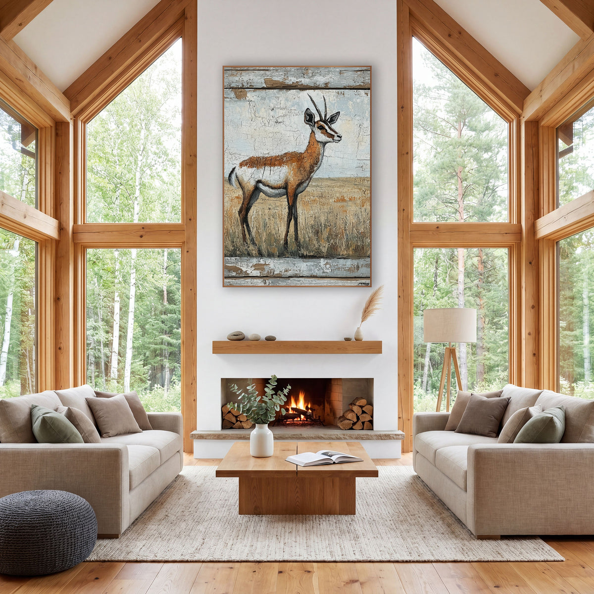 Right Facing Pronghorn Cracked Prairie wall art in a rustic western-style room – pronghorn antelope in profile