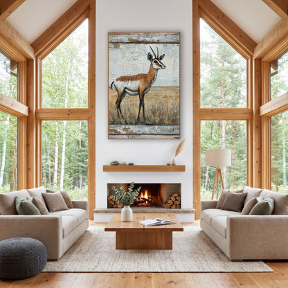 Right Facing Pronghorn Cracked Prairie wall art in a rustic western-style room – pronghorn antelope in profile