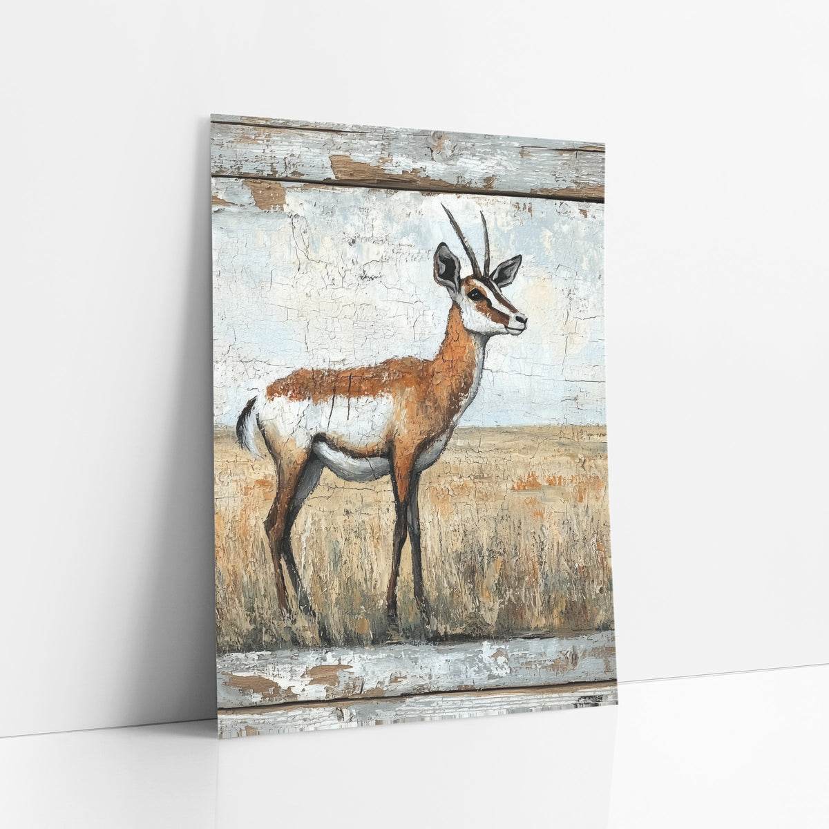 Right Facing Pronghorn Cracked Prairie art print leaning against a white wall – pronghorn antelope in profile on a golden