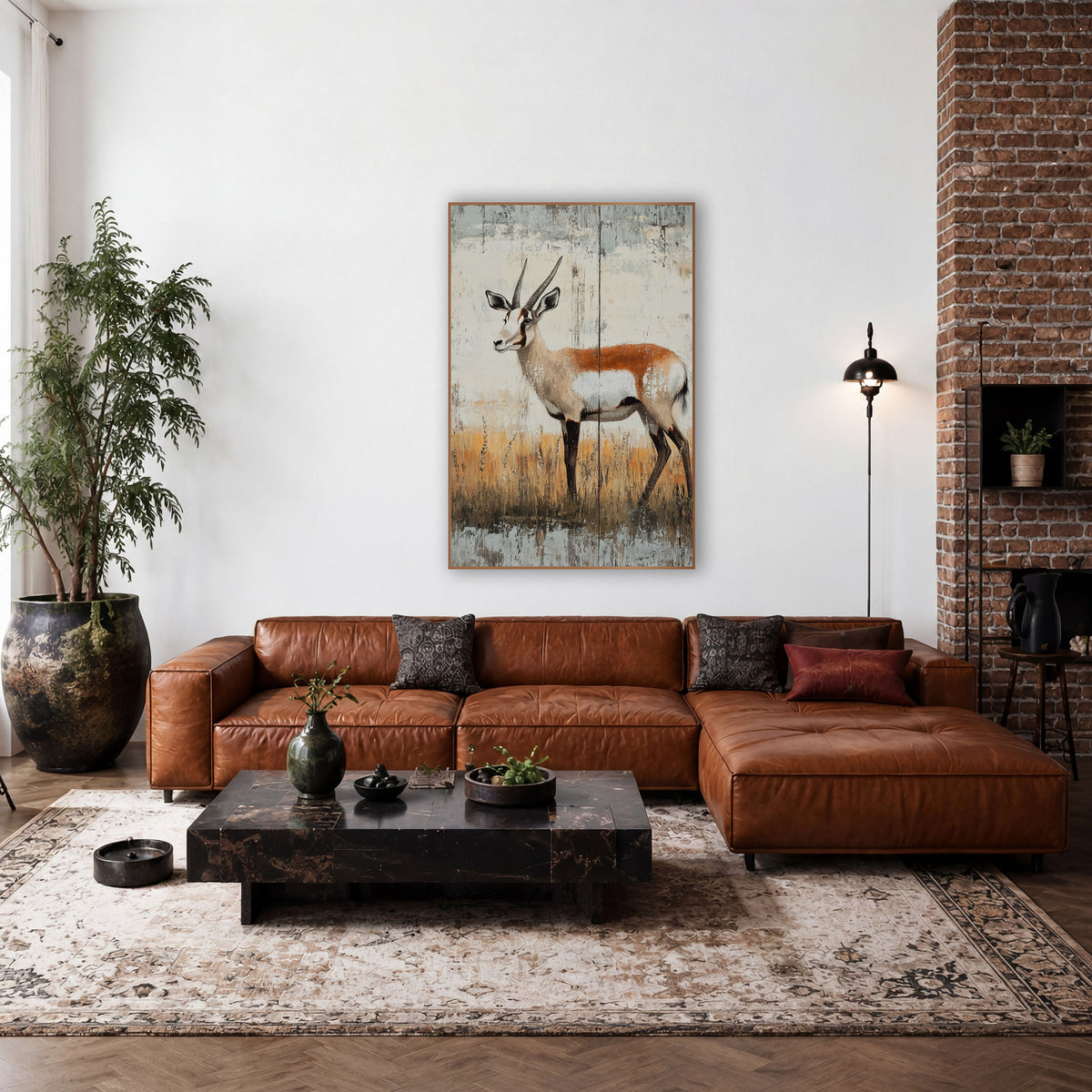 Left Facing Pronghorn Amber Grasses wall art in a rustic western-style room – pronghorn antelope with long curved