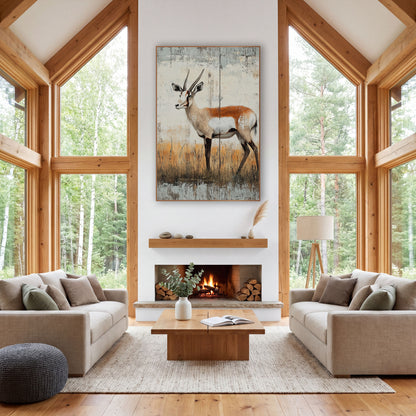 Left Facing Pronghorn Amber Grasses wall art in a rustic western-style room – pronghorn antelope with long curved
