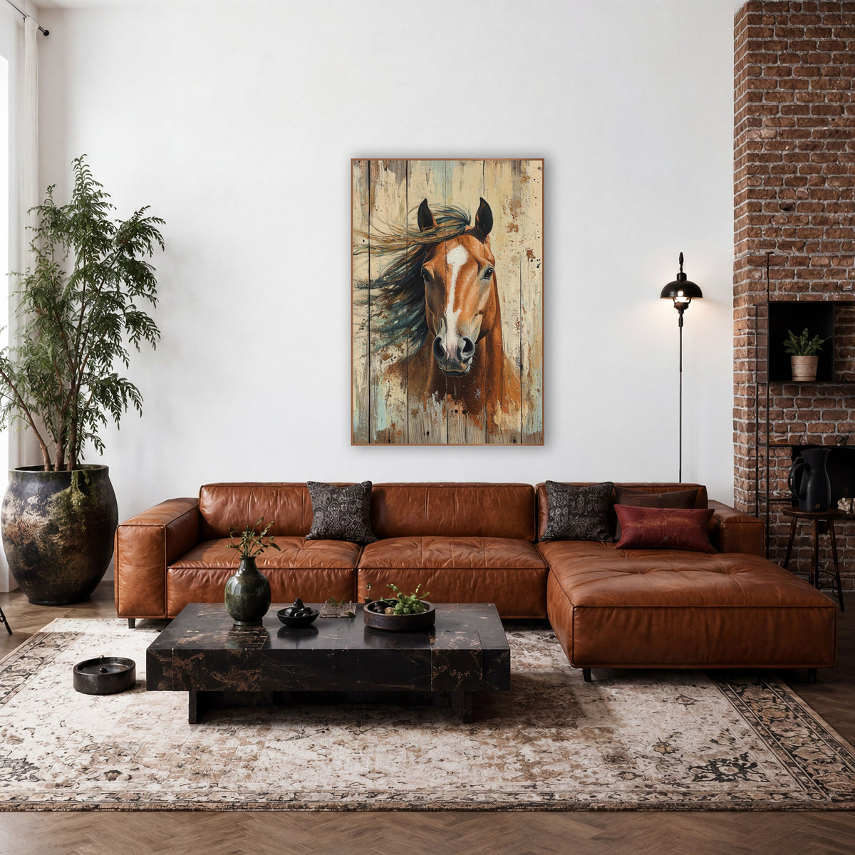 Chestnut Horse Teal Mane Rustic wall art in a rustic western-style room – chestnut horse head with white blaze