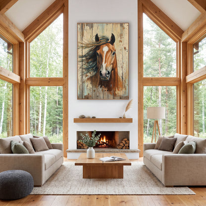 Chestnut Horse Teal Mane Rustic wall art in a rustic western-style room – chestnut horse head with white blaze
