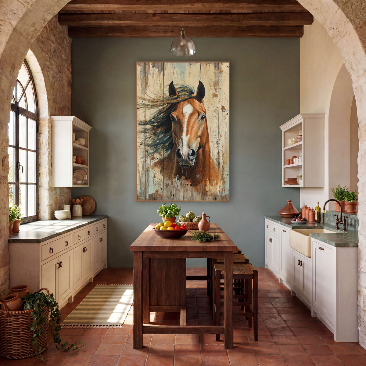 Chestnut Horse Teal Mane Rustic wall art in a rustic western-style room – chestnut horse head with white blaze