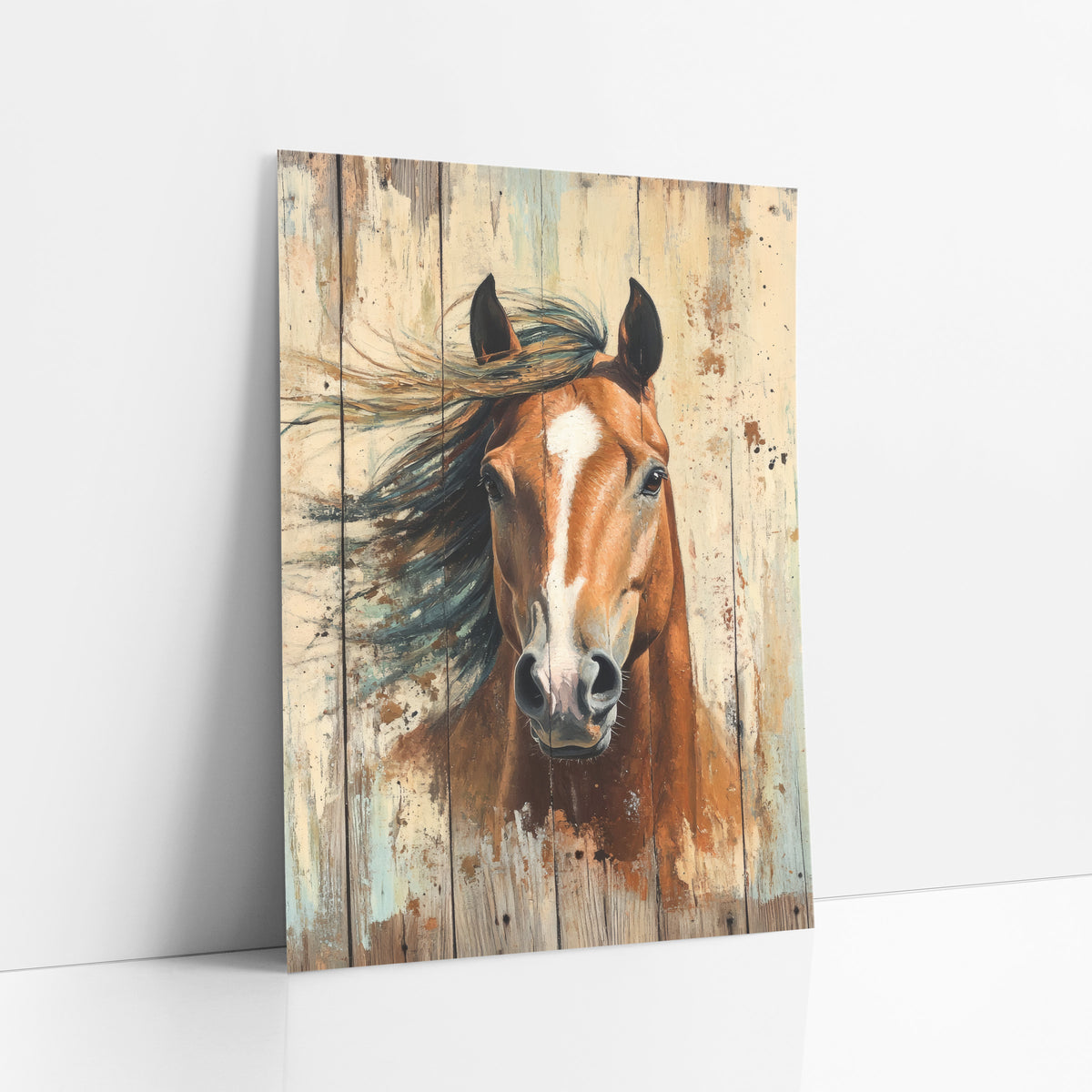 Chestnut Horse Teal Mane Rustic art print leaning against a white wall – chestnut horse head with white blaze and windblown