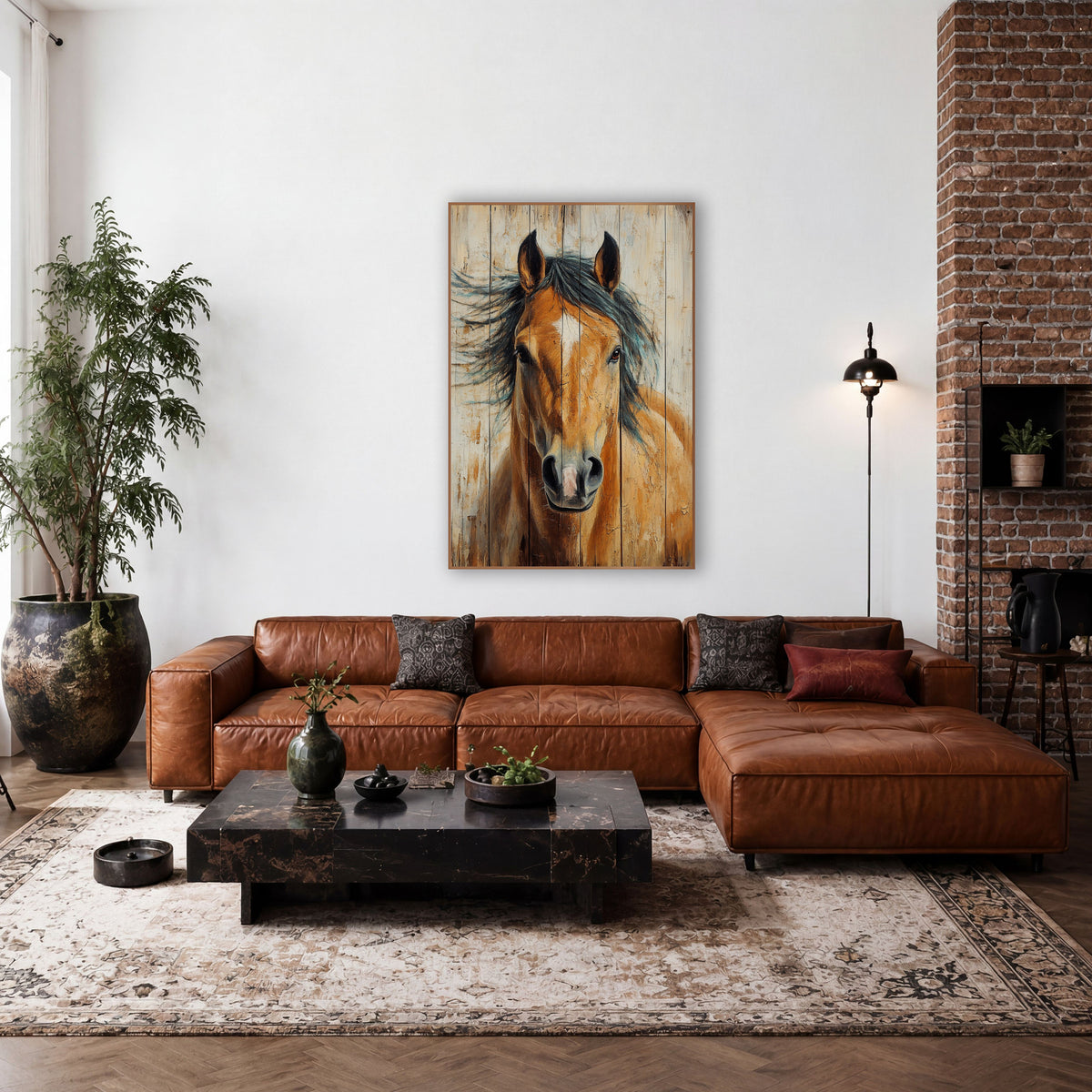 Golden Buckskin Horse Whitewashed Rustic wall art in a rustic western-style room – chestnut horse portrait with white