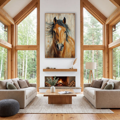 Golden Buckskin Horse Whitewashed Rustic wall art in a rustic western-style room – chestnut horse portrait with white