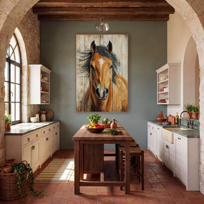 Golden Buckskin Horse Whitewashed Rustic wall art in a rustic western-style room – chestnut horse portrait with white