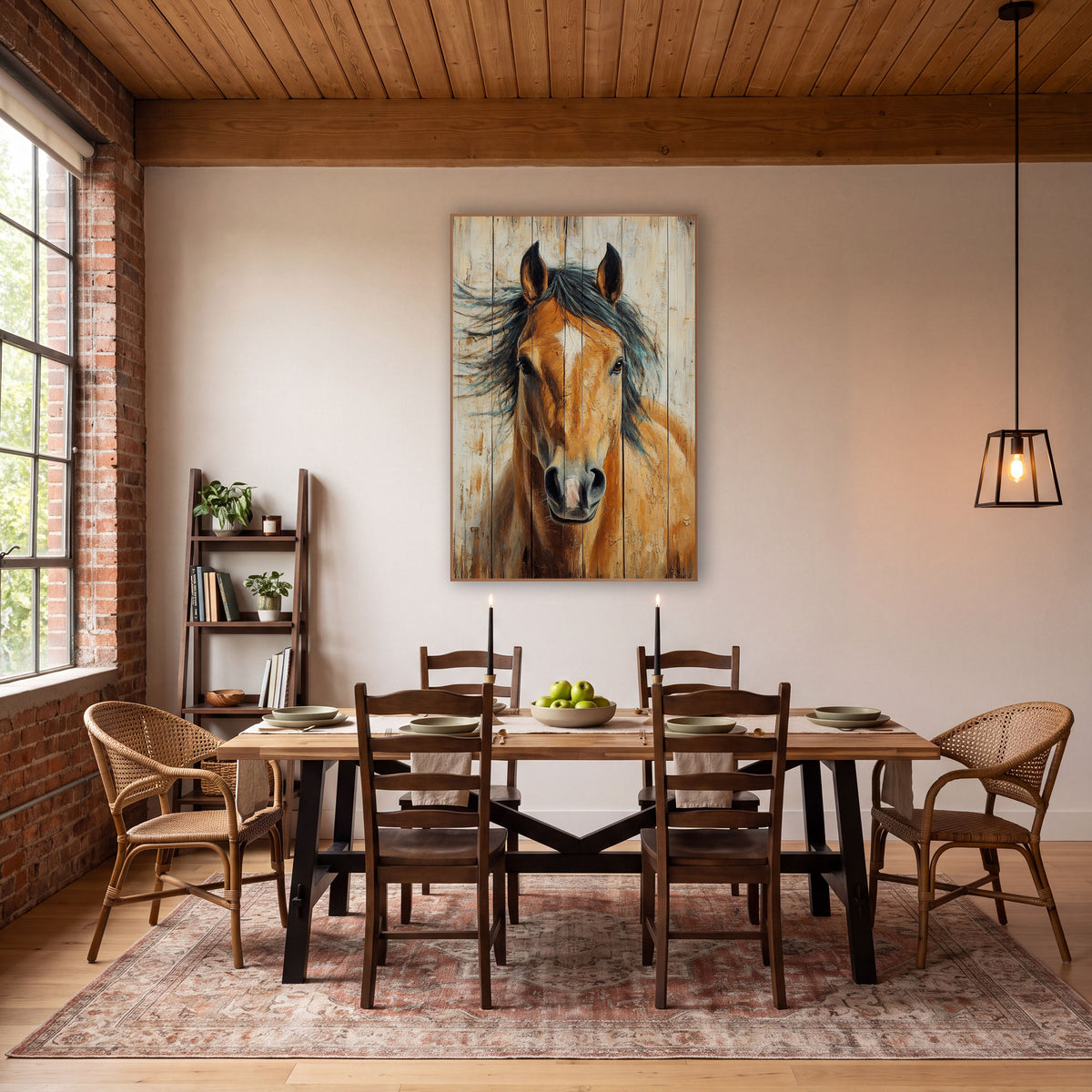 Golden Buckskin Horse Whitewashed Rustic wall art in a rustic western-style room – chestnut horse portrait with white