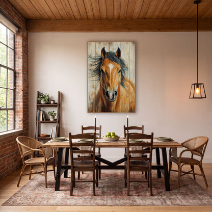 Golden Buckskin Horse Whitewashed Rustic wall art in a rustic western-style room – chestnut horse portrait with white