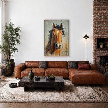 Bay Horse Sky Blue Planks Painterly wall art in a rustic western-style room – chestnut horse with windswept black mane