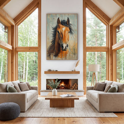 Bay Horse Sky Blue Planks Painterly wall art in a rustic western-style room – chestnut horse with windswept black mane