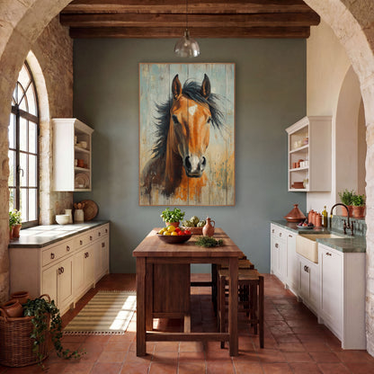 Bay Horse Sky Blue Planks Painterly wall art in a rustic western-style room – chestnut horse with windswept black mane