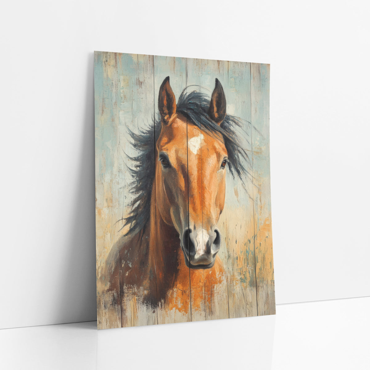 Bay Horse Sky Blue Planks Painterly art print leaning against a white wall – chestnut horse with windswept black mane facing