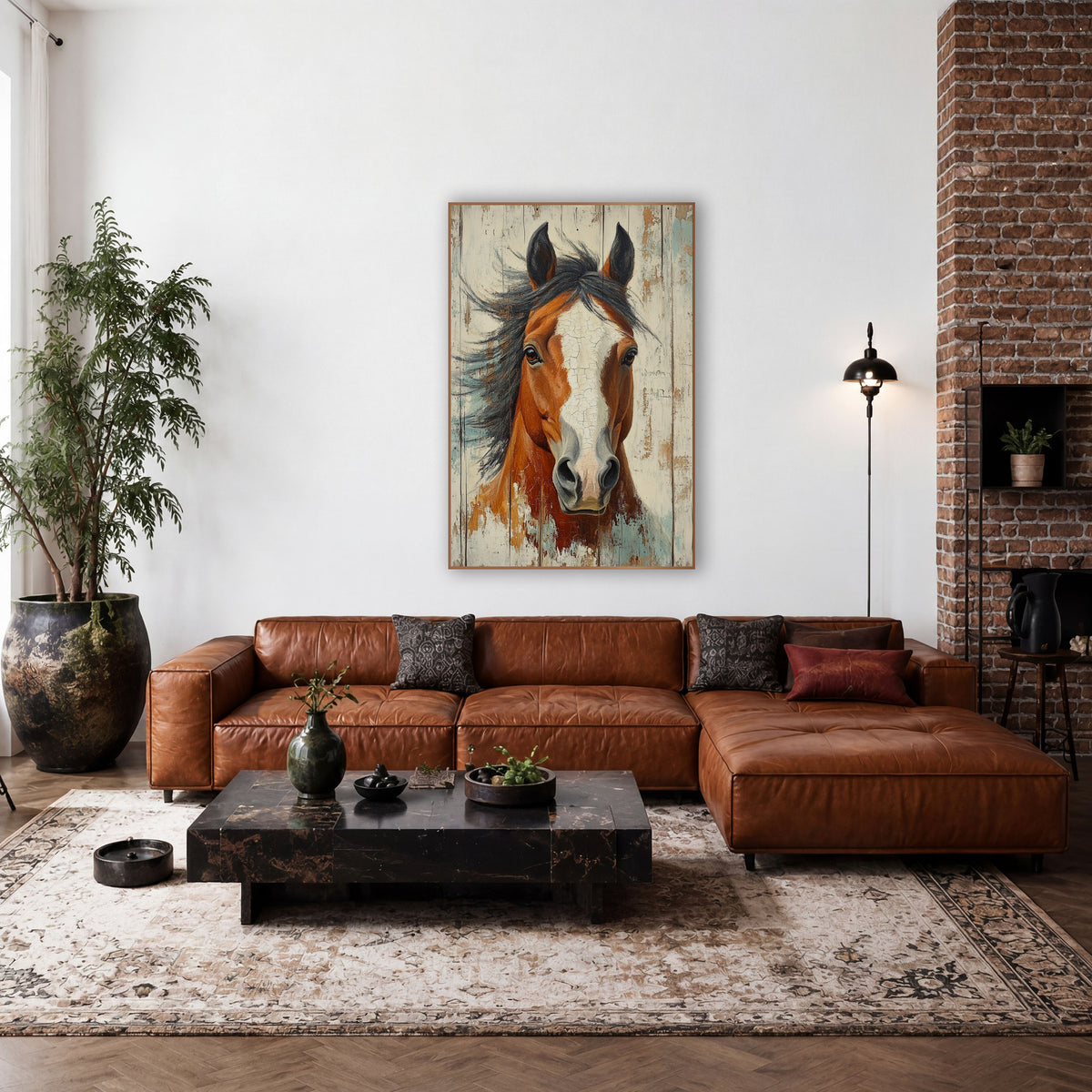 Wide Blaze Horse Crackled Ivory Rustic wall art in a rustic western-style room – chestnut horse with white blaze