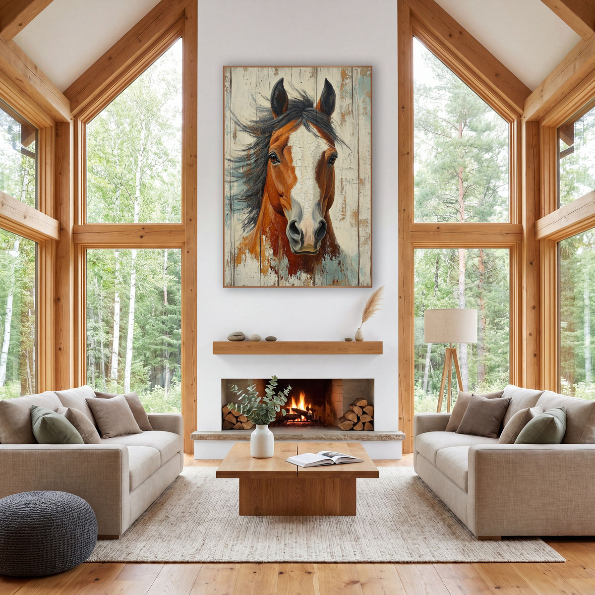 Wide Blaze Horse Crackled Ivory Rustic wall art in a rustic western-style room – chestnut horse with white blaze
