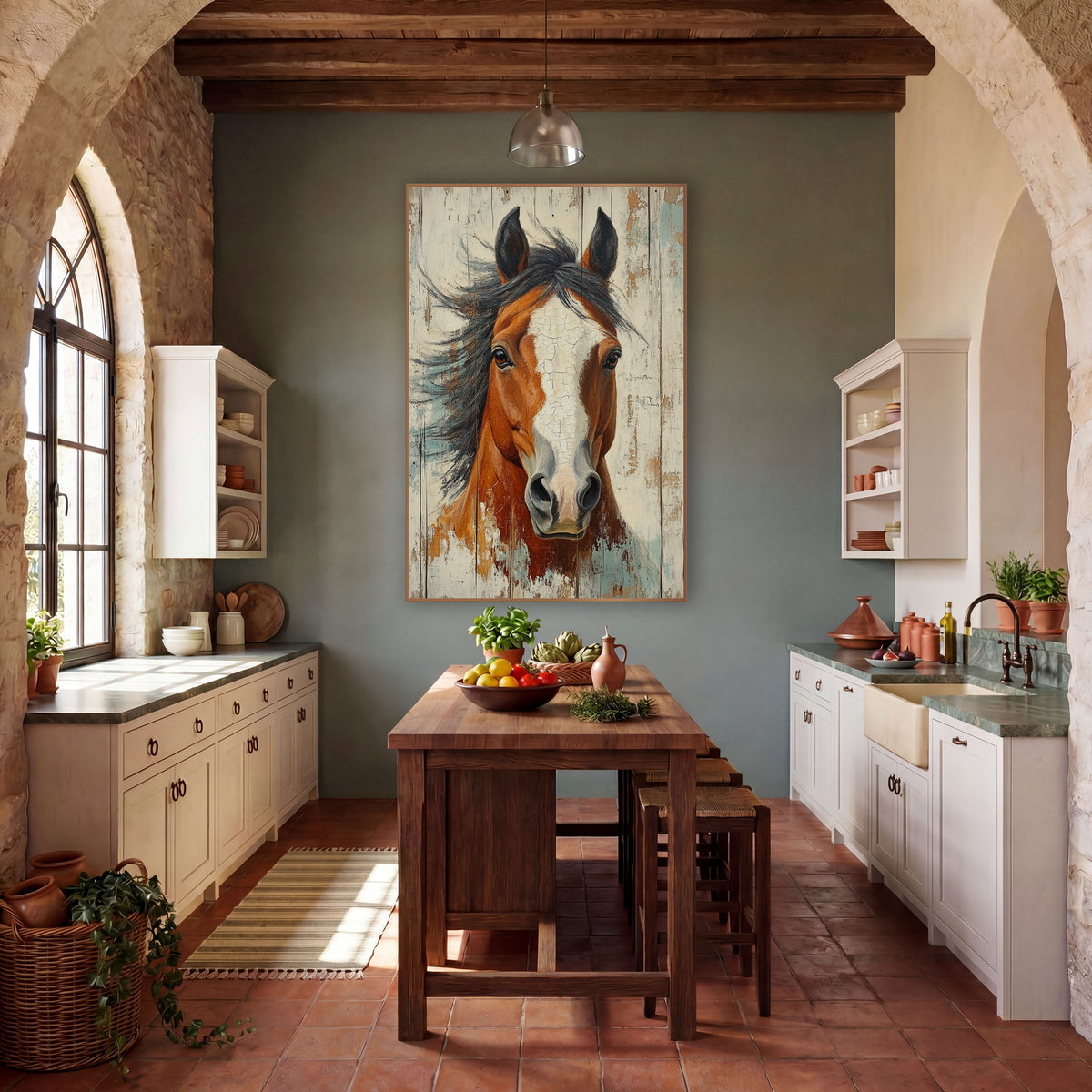 Wide Blaze Horse Crackled Ivory Rustic wall art in a rustic western-style room – chestnut horse with white blaze
