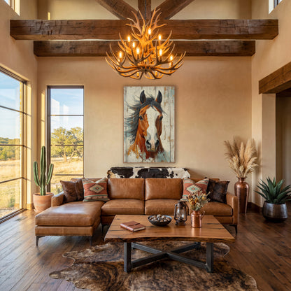 Wide Blaze Horse Crackled Ivory Rustic wall art in a rustic western-style room – chestnut horse with white blaze