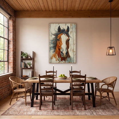 Wide Blaze Horse Crackled Ivory Rustic wall art in a rustic western-style room – chestnut horse with white blaze