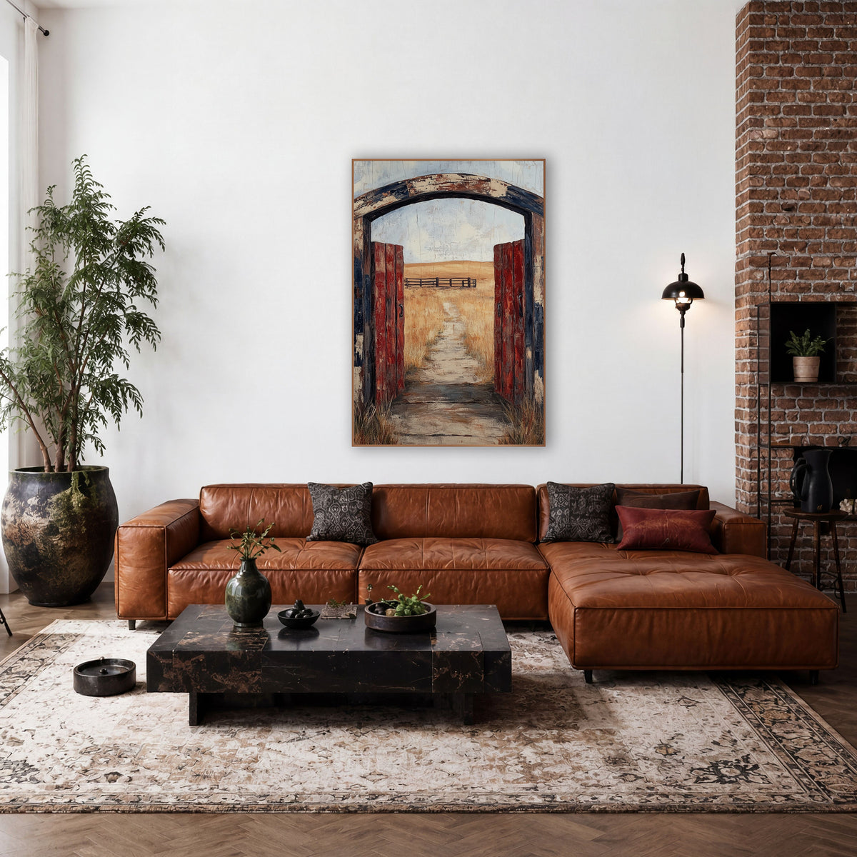 Weathered Red Ranch Gate Western wall art in a rustic western-style room – open red ranch gate under a worn wooden