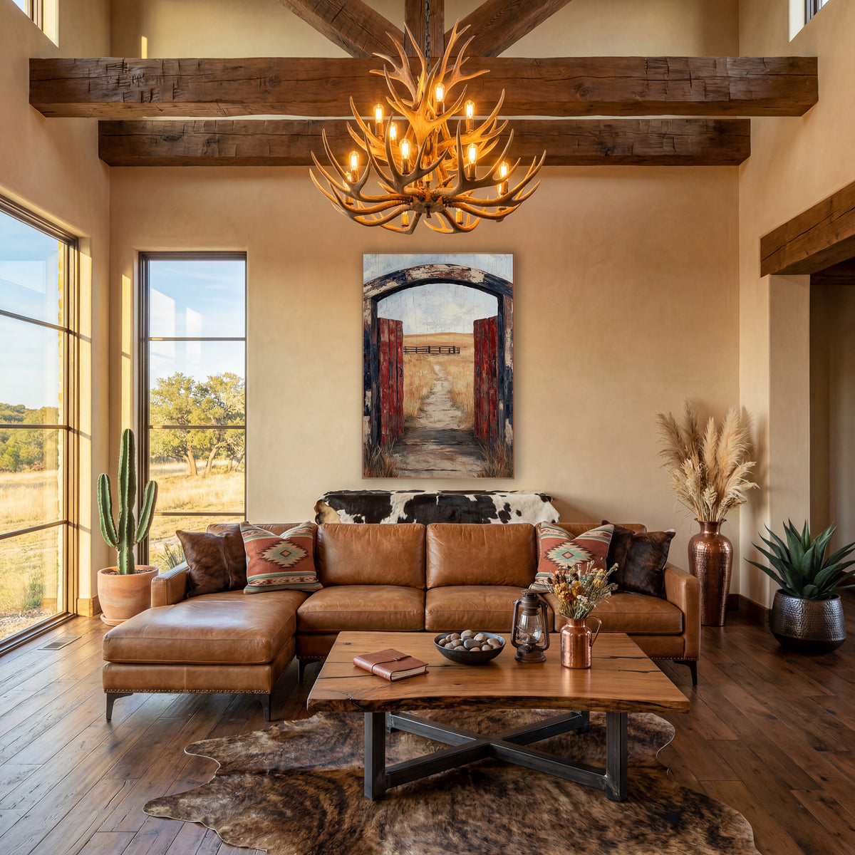 Weathered Red Ranch Gate Western wall art in a rustic western-style room – open red ranch gate under a worn wooden