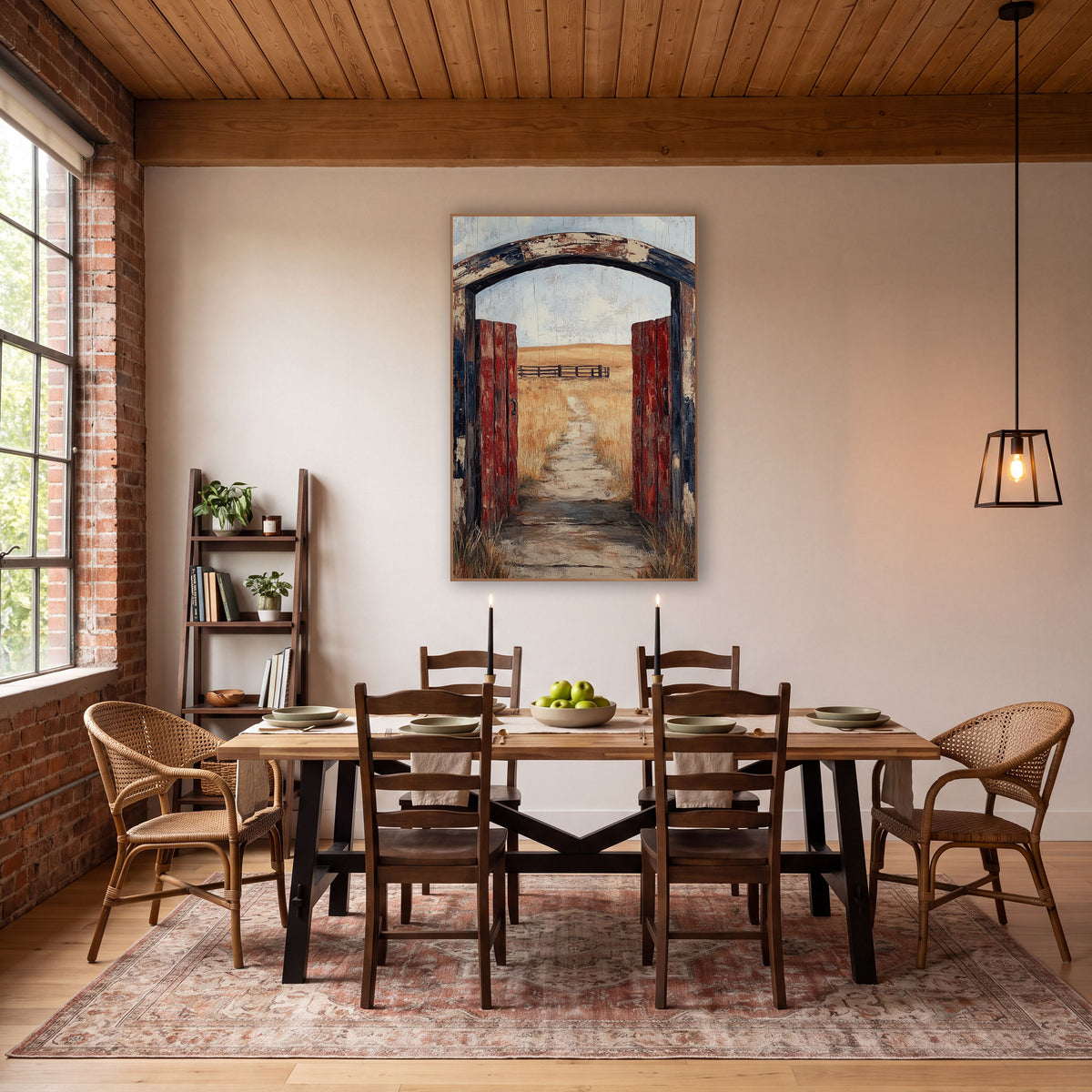 Weathered Red Ranch Gate Western wall art in a rustic western-style room – open red ranch gate under a worn wooden