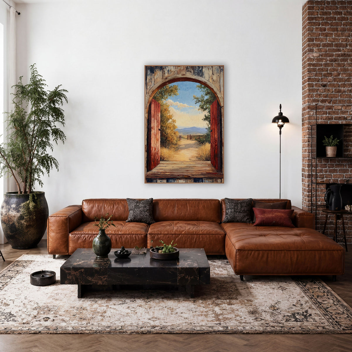 Rustic Arched Doorway Western Landscape wall art in a rustic western-style room – open red wooden doors in a weathered