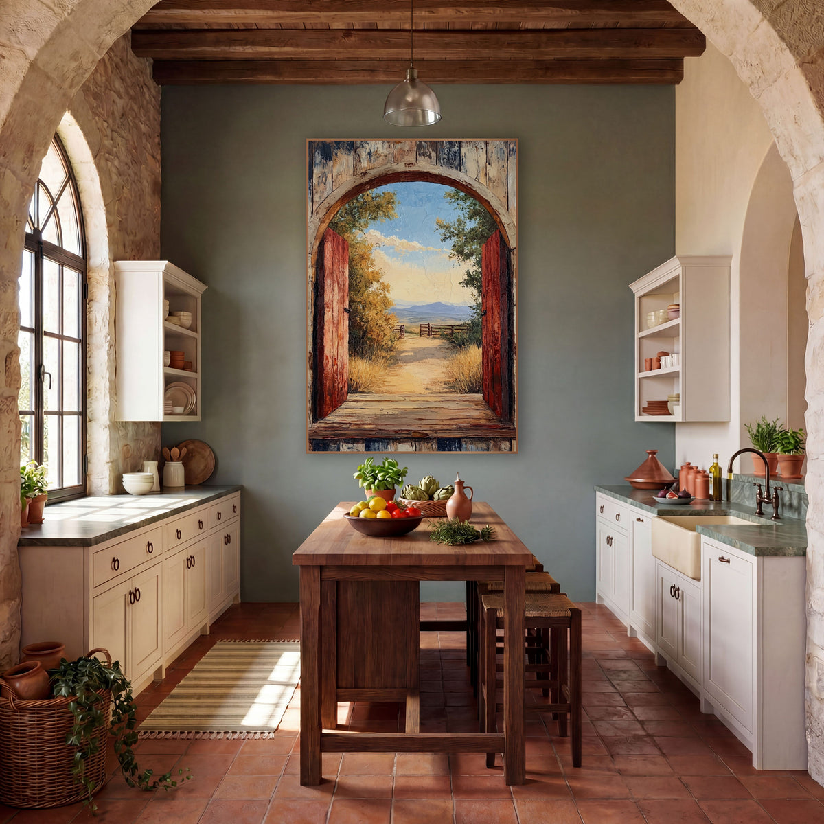 Rustic Arched Doorway Western Landscape wall art in a rustic western-style room – open red wooden doors in a weathered