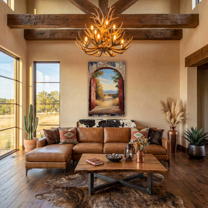 Rustic Arched Doorway Western Landscape wall art in a rustic western-style room – open red wooden doors in a weathered