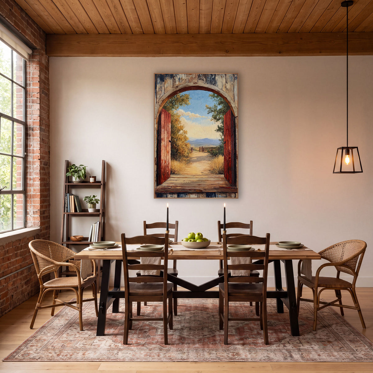 Rustic Arched Doorway Western Landscape wall art in a rustic western-style room – open red wooden doors in a weathered