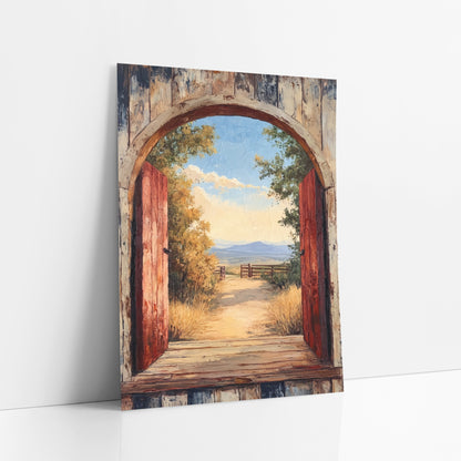 Rustic Arched Doorway Western Landscape art print leaning against a white wall – open red wooden doors in a weathered arch