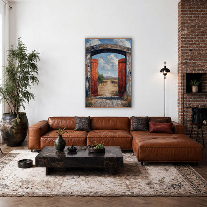 Open Red Ranch Gate Western wall art in a rustic western-style room – open red ranch gate in a weathered wooden arch