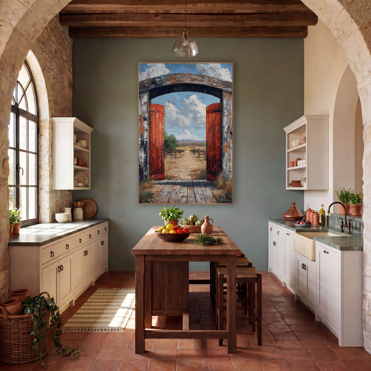 Open Red Ranch Gate Western wall art in a rustic western-style room – open red ranch gate in a weathered wooden arch