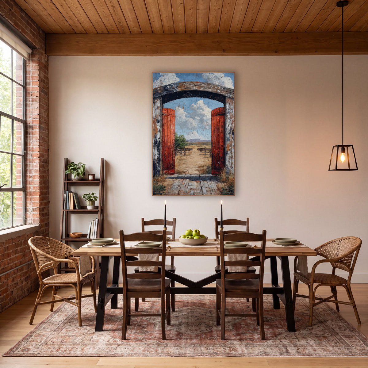 Open Red Ranch Gate Western wall art in a rustic western-style room – open red ranch gate in a weathered wooden arch