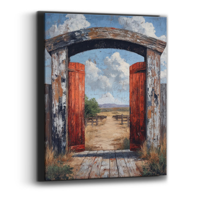 Open Red Ranch Gate Western Canvas Wall Art
