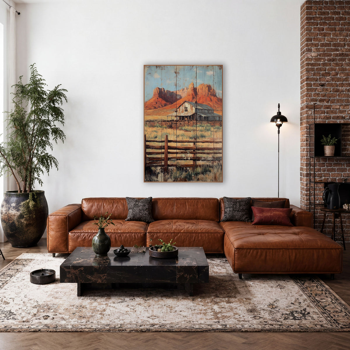 Mesa Barn Fence Weathered Plank wall art in a rustic western-style room – weathered ranch house and wooden corral