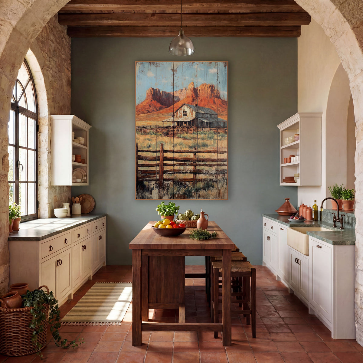 Mesa Barn Fence Weathered Plank wall art in a rustic western-style room – weathered ranch house and wooden corral